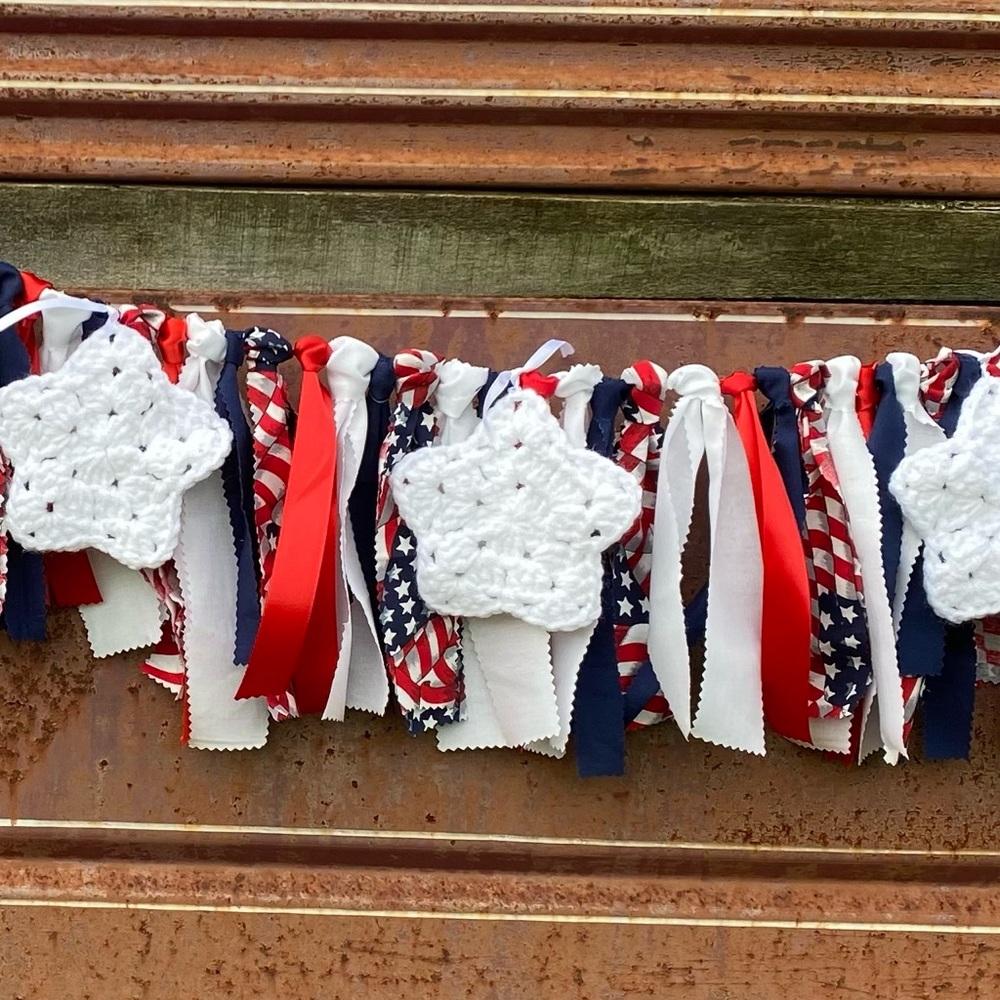 Patriotic Fabric Banner Red, White & Blue Garland 61” Handmade Decor